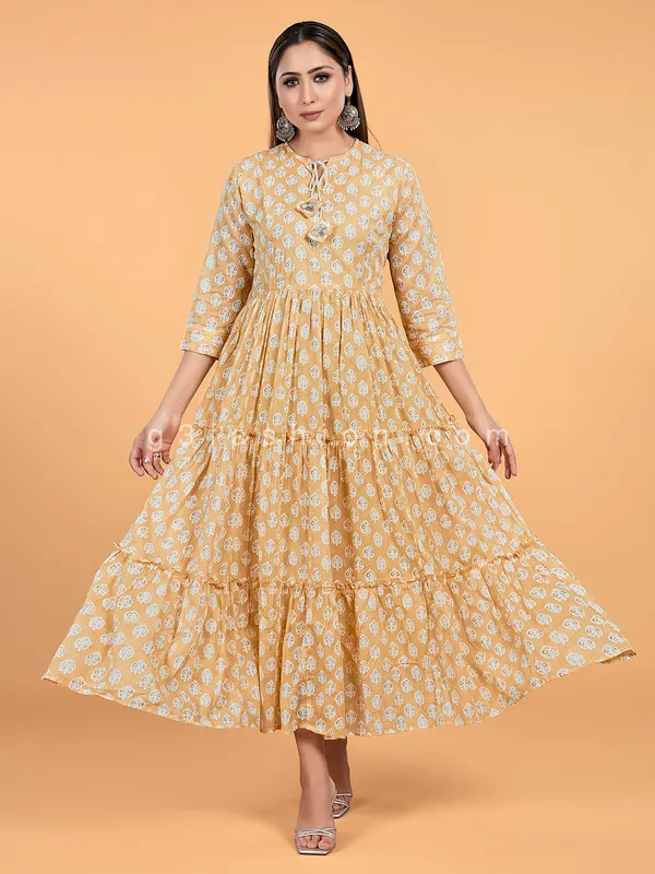 Dusty yellow cotton anarkali style kurti for casual