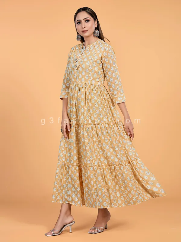 Dusty yellow cotton anarkali style kurti for casual