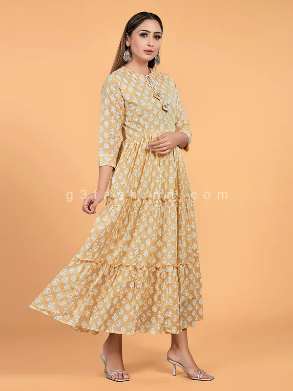 Dusty yellow cotton anarkali style kurti for casual