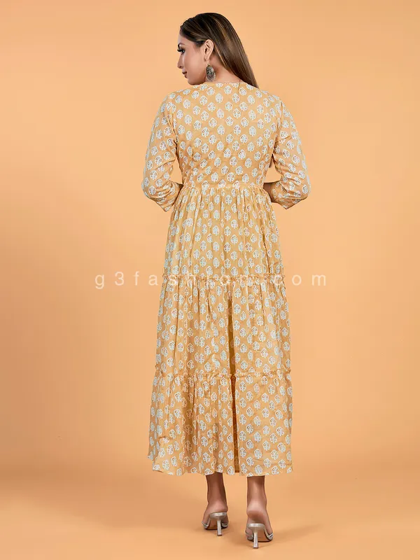 Dusty yellow cotton anarkali style kurti for casual