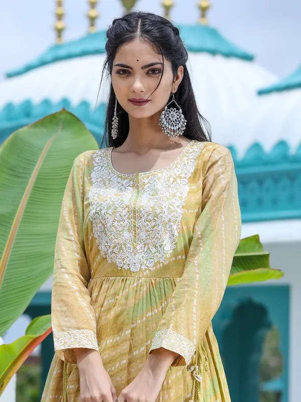 Dusty yellow cotton printed long kurti