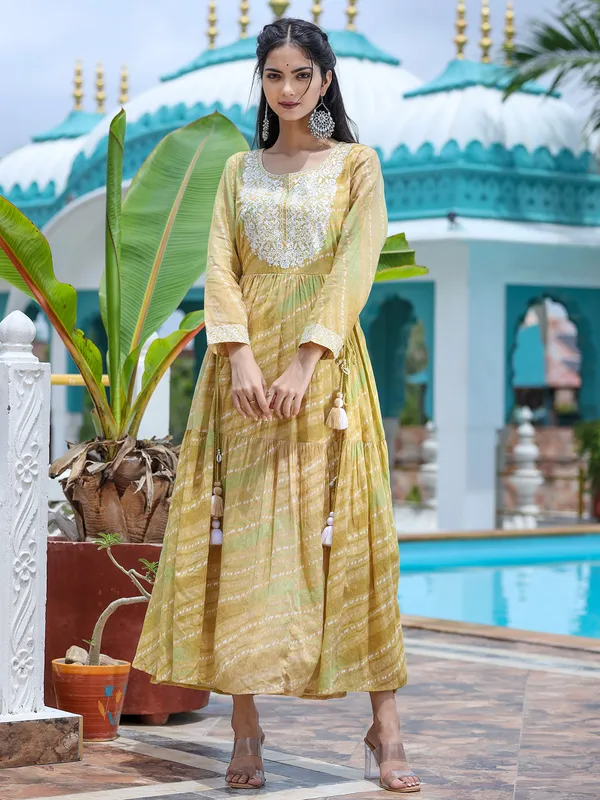 Dusty yellow cotton printed long kurti