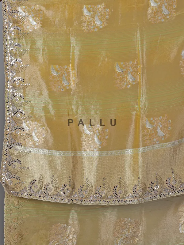 Dusty yellow dola tissue silk saree with zardosi work
