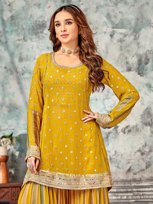 Dusty yellow georgette sharara suit