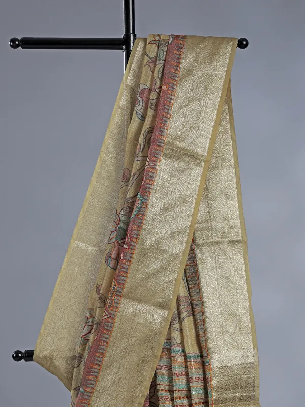 Dusty yellow printed saree with zari weaving