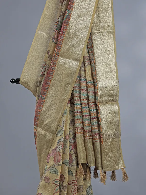 Dusty yellow printed saree with zari weaving