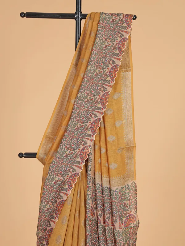 Dusty yellow semi cotton silk festive wear saree