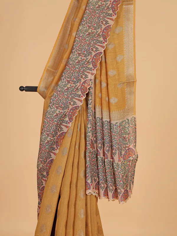 Dusty yellow semi cotton silk festive wear saree