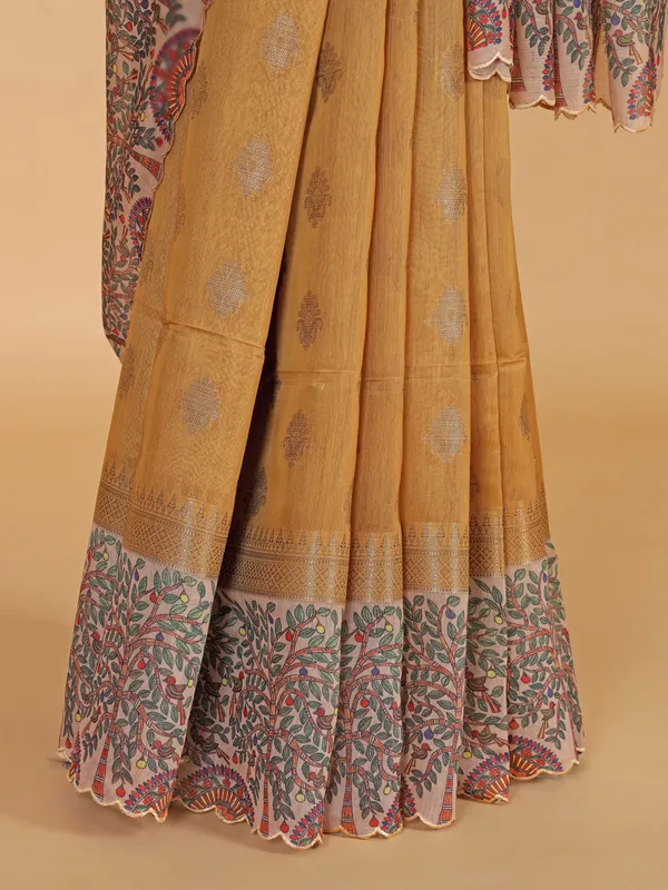 Dusty yellow semi cotton silk festive wear saree