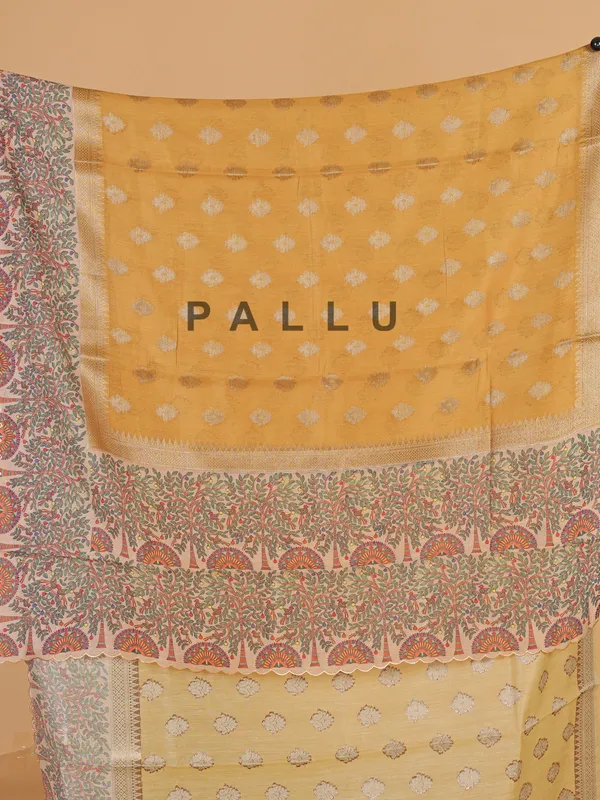 Dusty yellow semi cotton silk festive wear saree