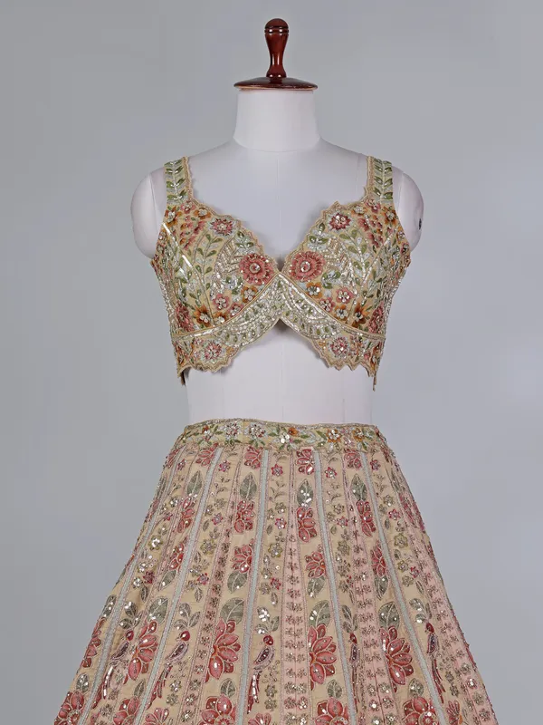 Dusty yellow silk embroidered lehenga choli with diamonds