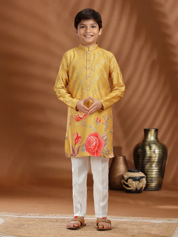Dusty yellow silk kurta suit for boys