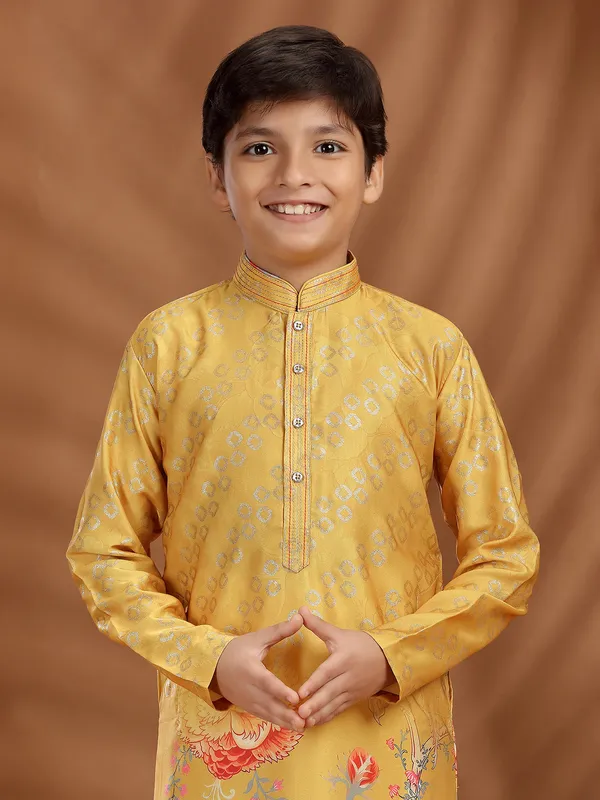 Dusty yellow silk kurta suit for boys