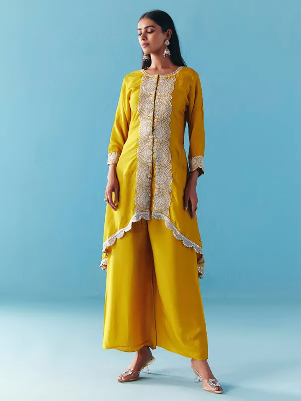 Dusty yellow silk pearl palazzo salwar suit