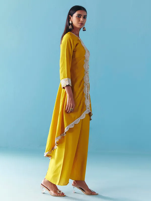 Dusty yellow silk pearl palazzo salwar suit