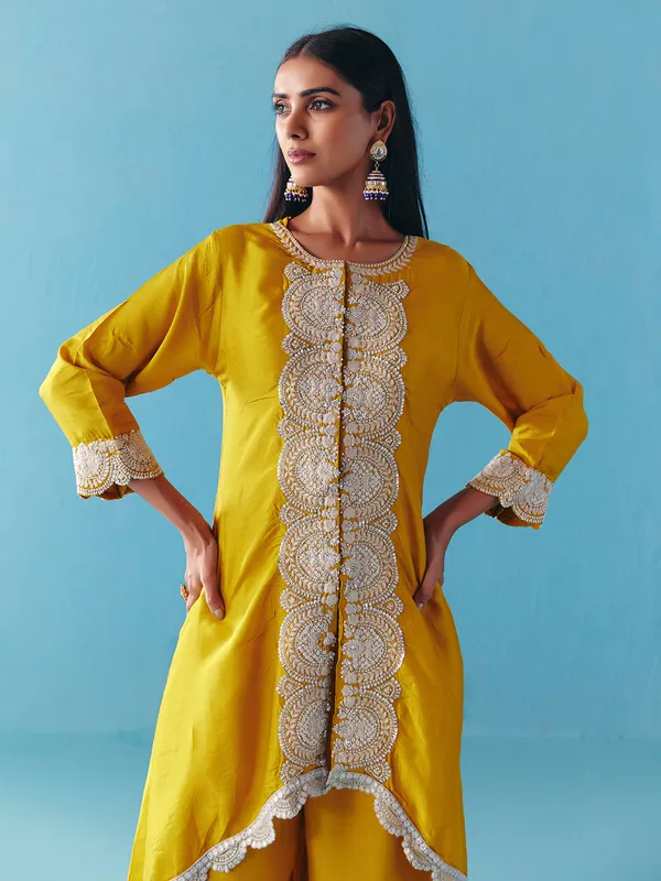 Dusty yellow silk pearl palazzo salwar suit