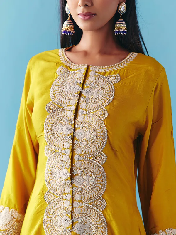 Dusty yellow silk pearl palazzo salwar suit