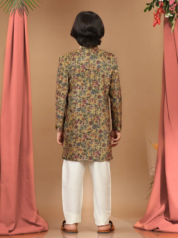 Dusty yellow velvet printed indowestern