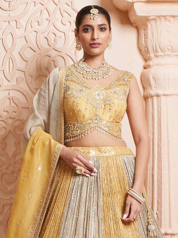 Dusty yellow tissue lehenga choli with dupatta