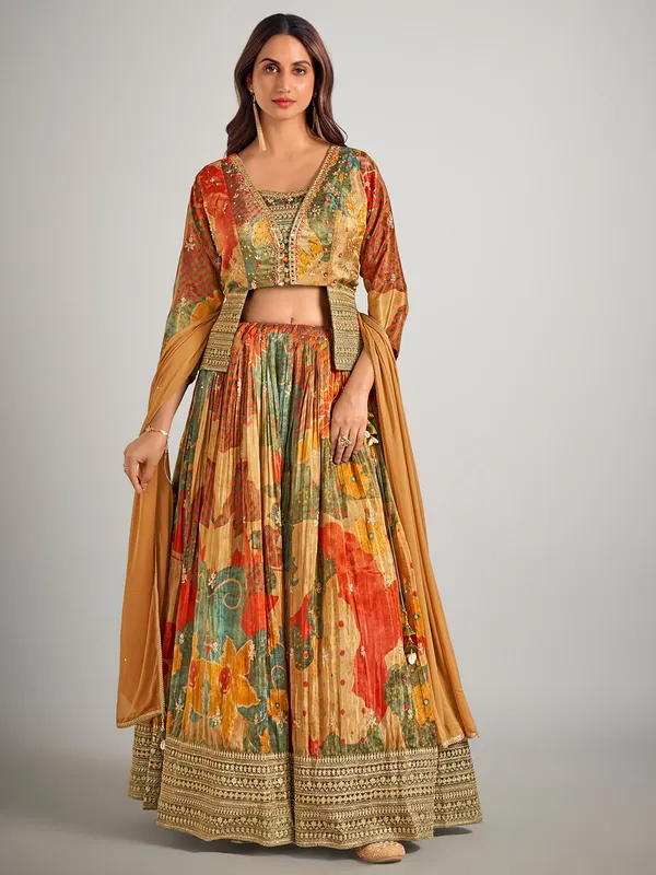 Earth yellow silk wedding wear lahenga choli