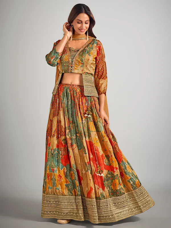 Earth yellow silk wedding wear lahenga choli