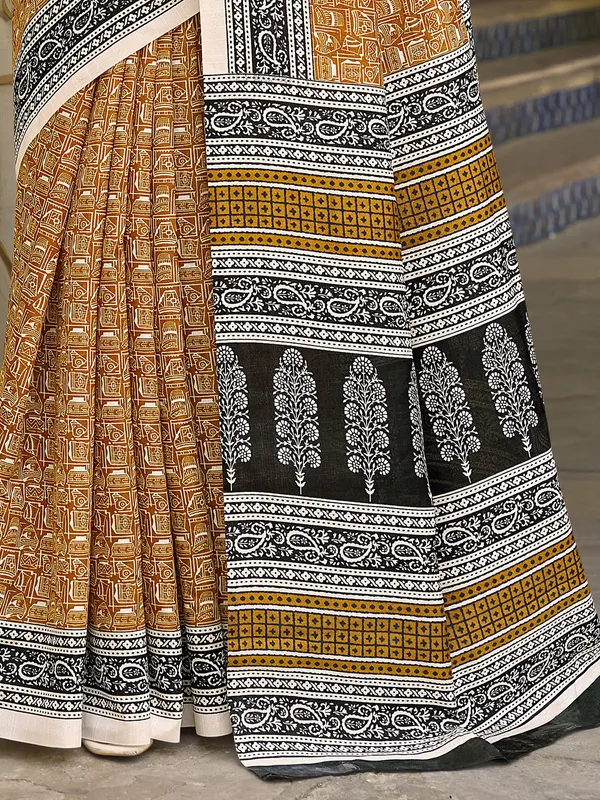 Earthy orange printed bhagalpuri silk saree