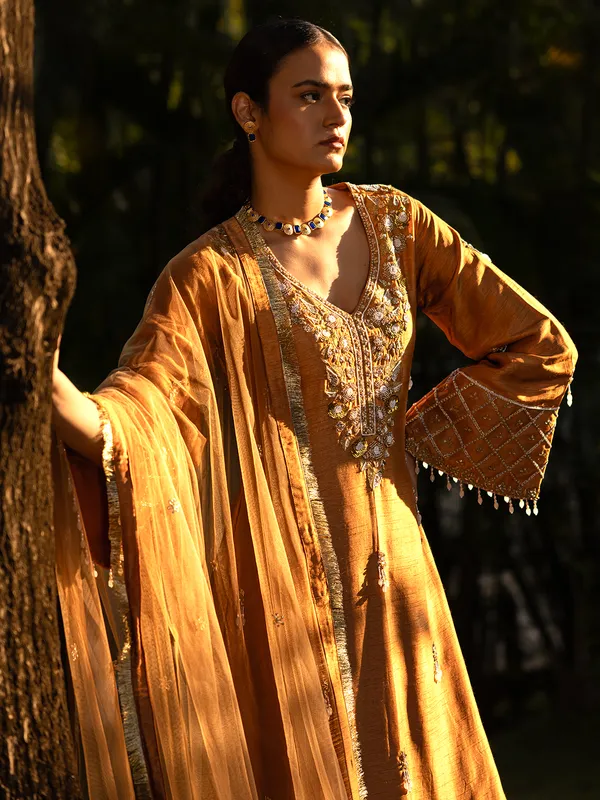 Earthy mustard yellow raw silk palazzo suit