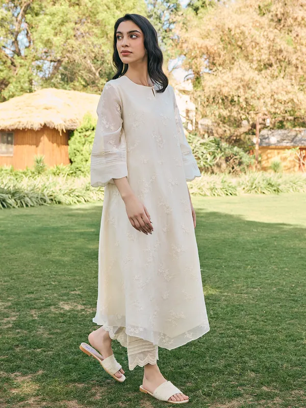Ecru white muslin cotton salwar suit for women