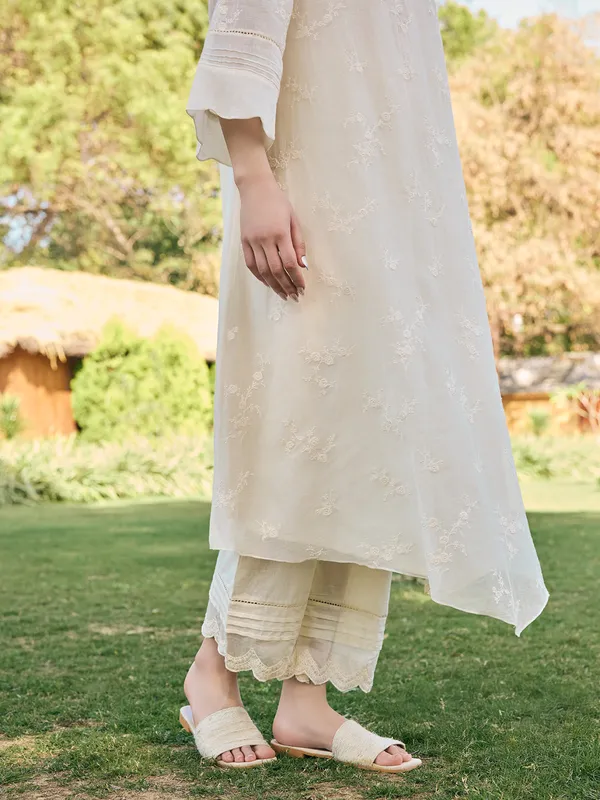 Ecru white muslin cotton salwar suit for women