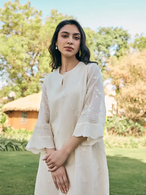 Ecru white muslin cotton salwar suit for women