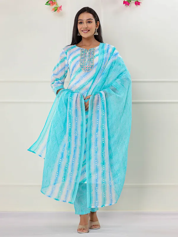 Elegant aqua printed kurti set with dupatta