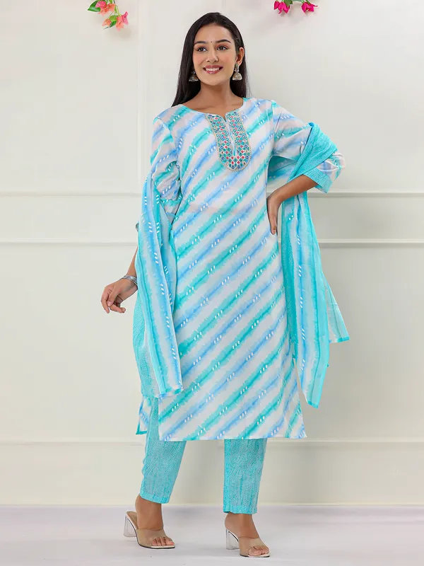 Elegant aqua printed kurti set with dupatta
