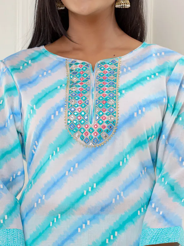 Elegant aqua printed kurti set with dupatta