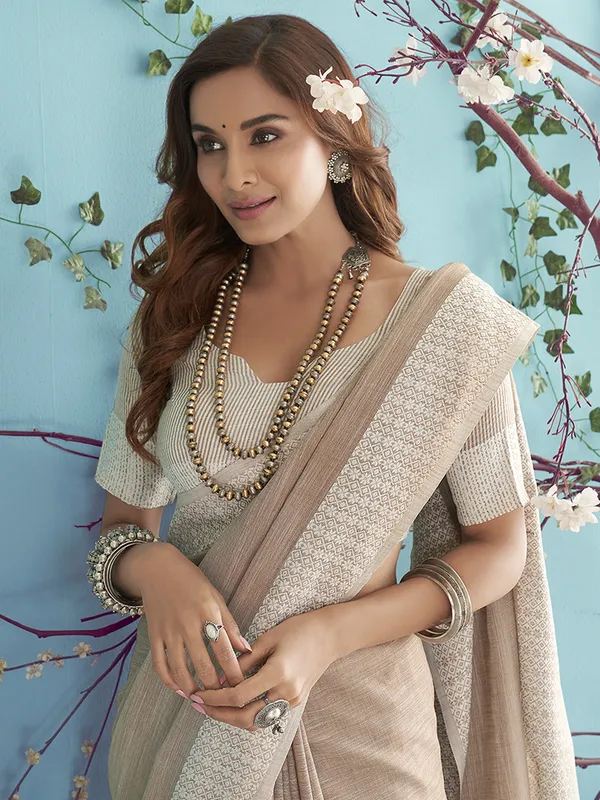 Elegant beige linen saree