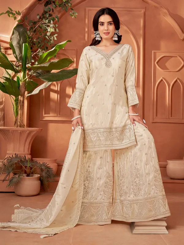 Elegant beige silk pakistani palazzo suit