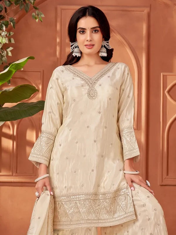 Elegant beige silk pakistani palazzo suit