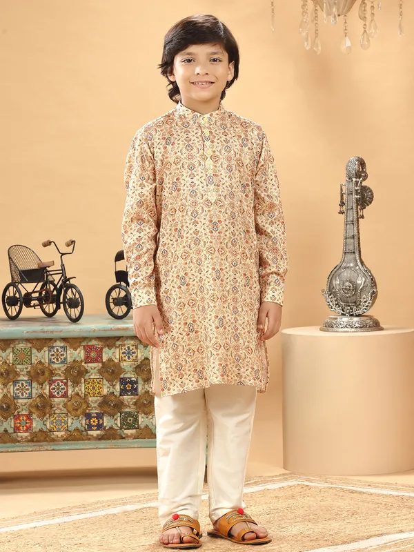 Elegant beige silk printed kurta suit