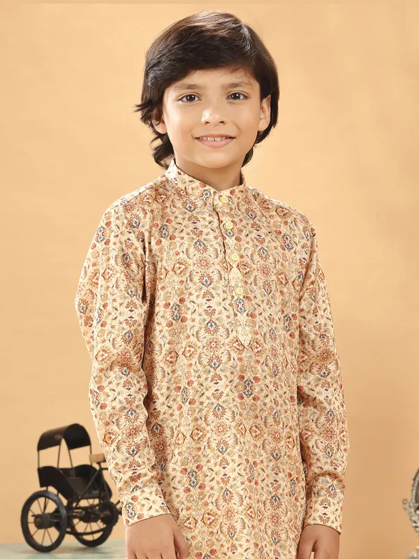 Elegant beige silk printed kurta suit