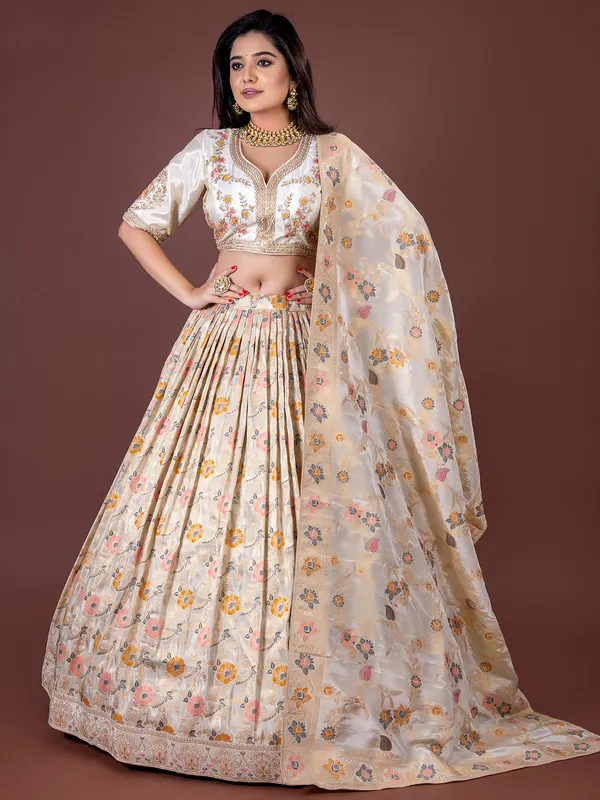 Elegant beige silk printed lehenga choli