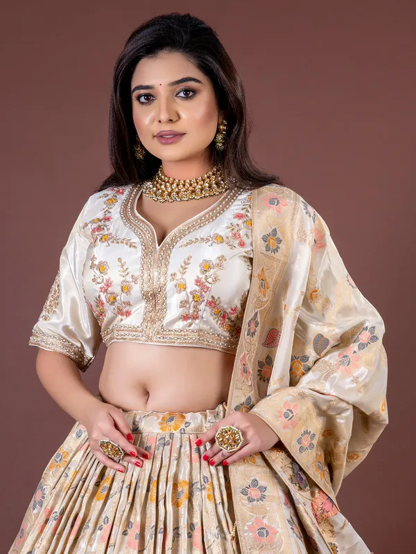 Elegant beige silk printed lehenga choli