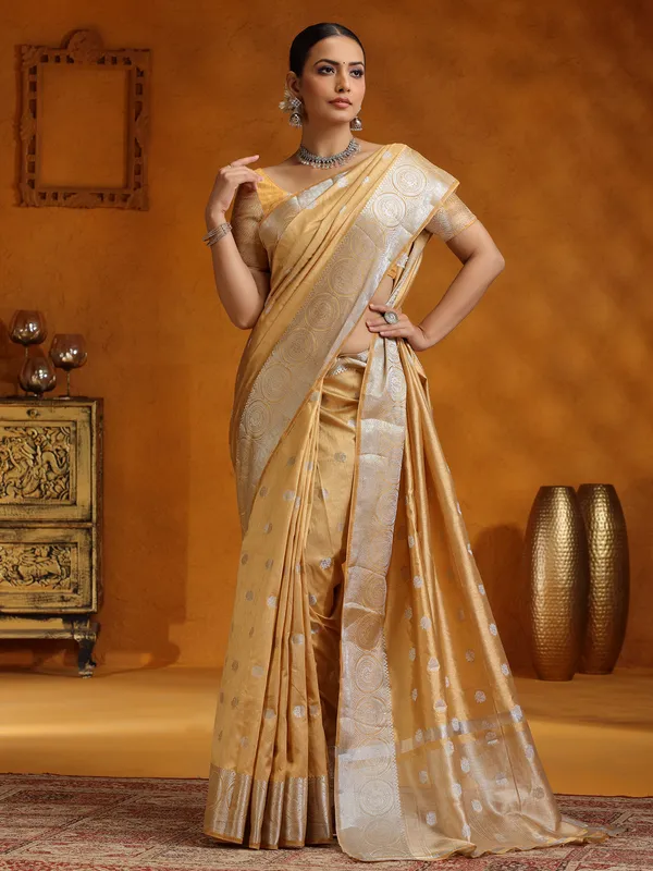 Elegant beige silk saree with zari weaving