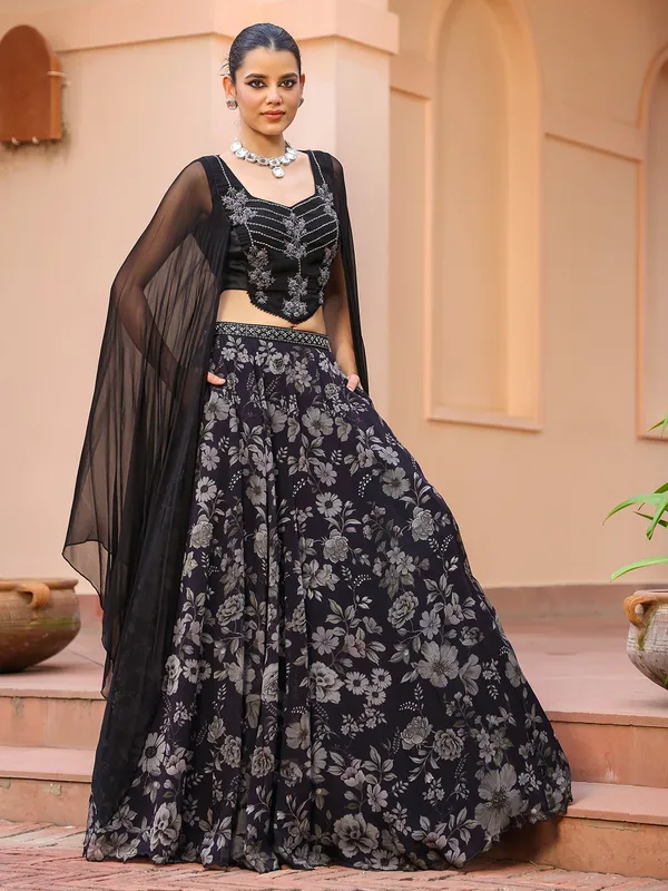 Elegant black organza crop top with lehenga