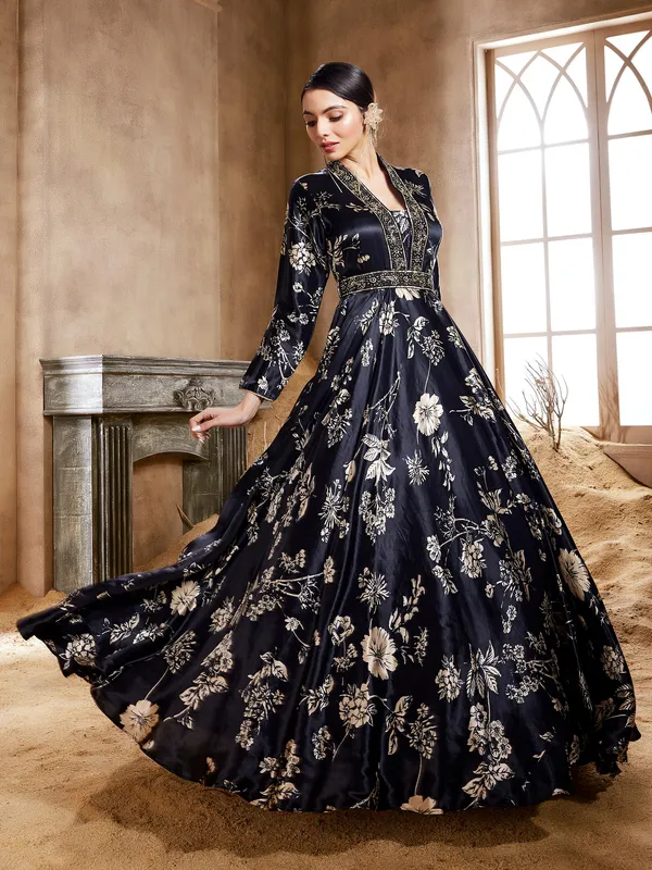 Elegant black printed silk anarkali suit
