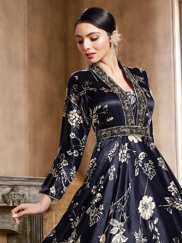 Elegant black printed silk anarkali suit