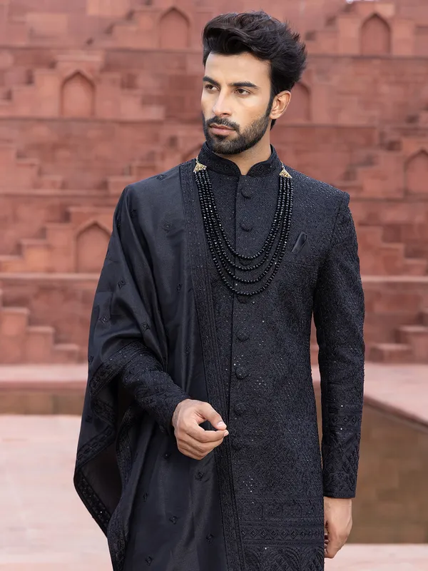 Elegant black raw silk sherwani for men