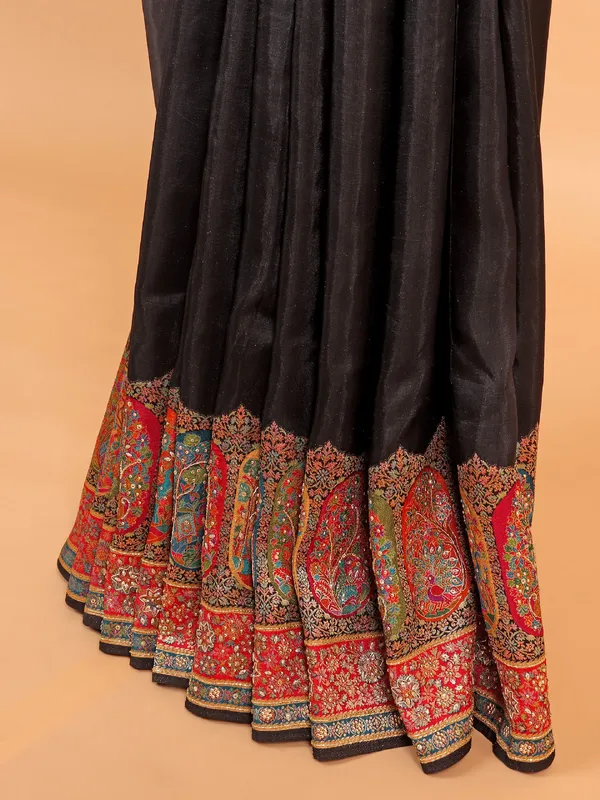 Elegant black silk saree with unstitched blouse
