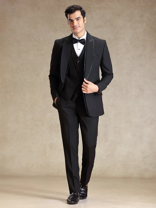 Elegant black terry rayon tuxedo 5 pcs suit for men