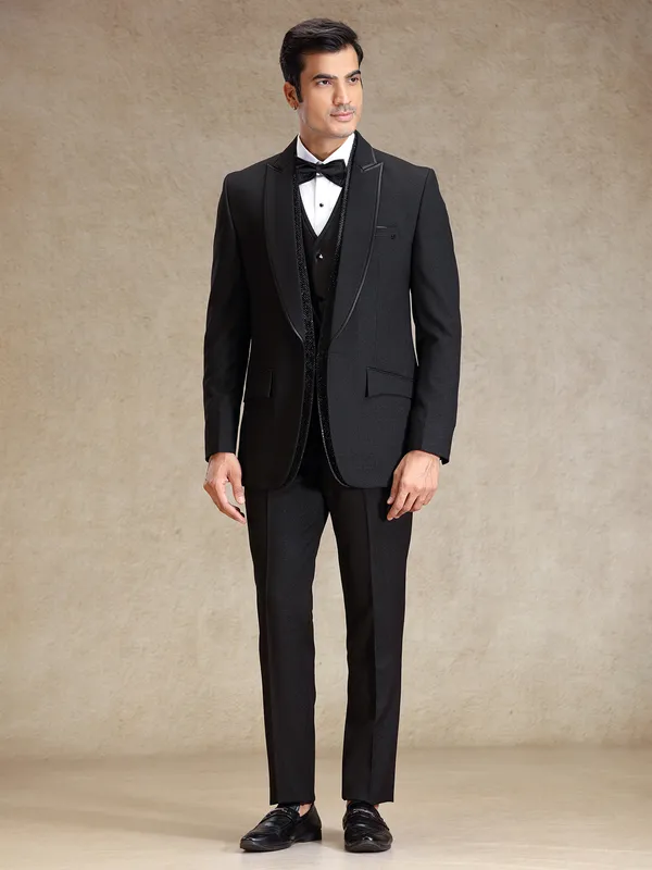 Elegant black terry rayon tuxedo 5 pcs suit for men