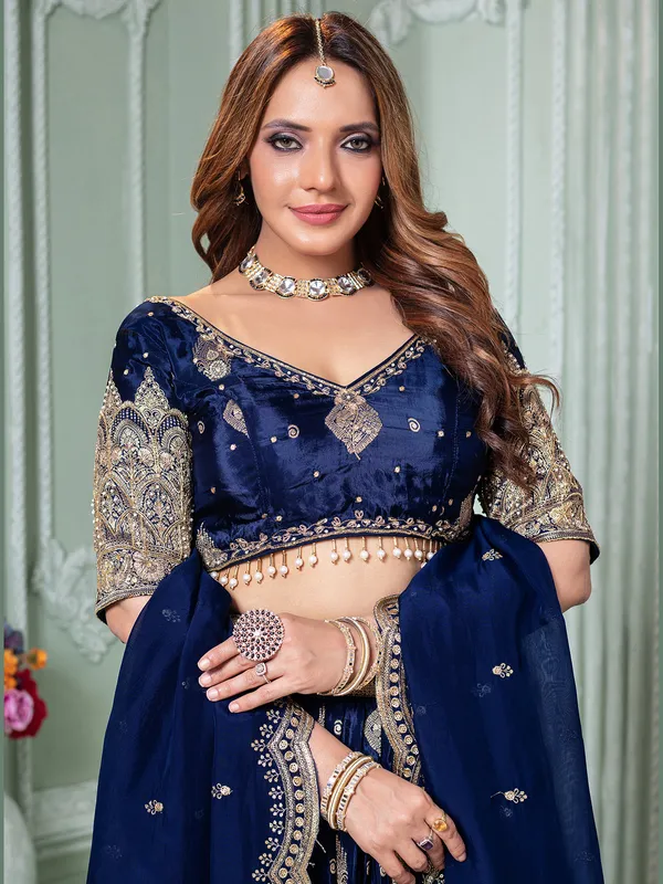 Elegant blue crepe silk lehenga choli with dupatta
