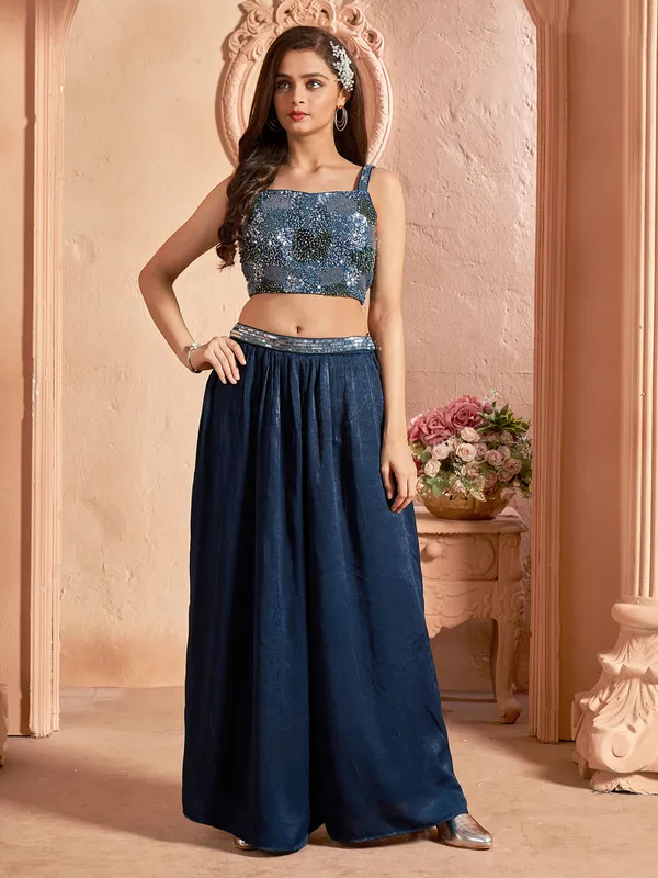 Elegant blue crop top style palazzo suit